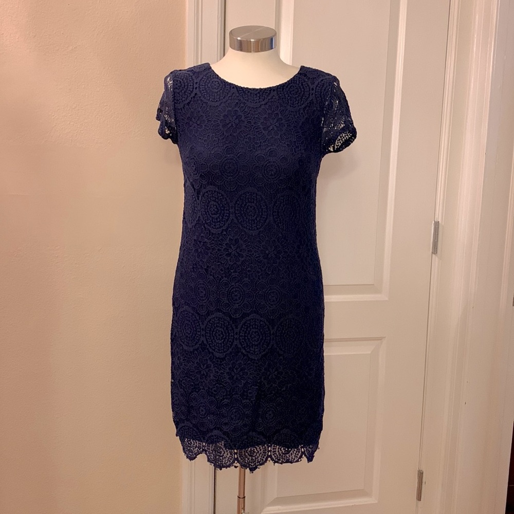 Short Sleeve,  Navy Blue, Crocheted Dress